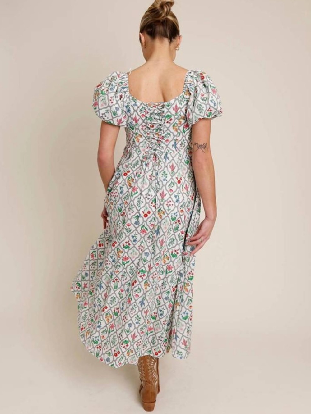 Anthropologie MOON RIVER Corset Lace Up Floral Midi Dress Puff Sleeve Size S - Picture 4 of 10